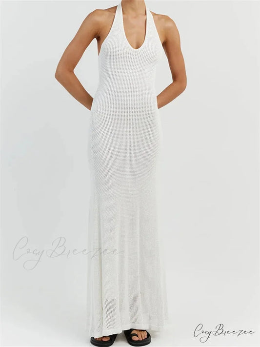 Women Bodycon Solid Deep V Neck Halter Sleeveless Backless Knitted Summer Holiday Beach Vestido WHITE / S