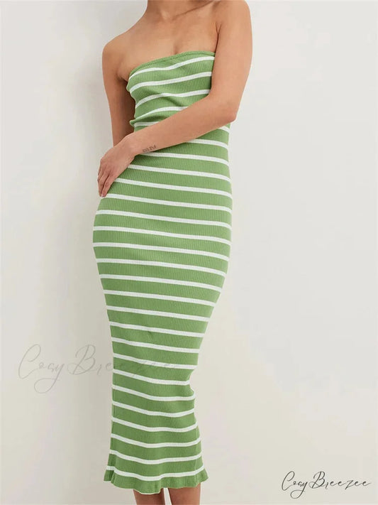 Women Bodycon Striped Strapless Off Shoulder Backless Tube Summer Split Knitted Party Vestidos Green / S