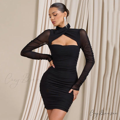 Women Bodycon With Mesh Gown Mini Arm Ruched Sexy Zipper Party Halter Robe Gown Backless Long Autumn Vestidos Black / S