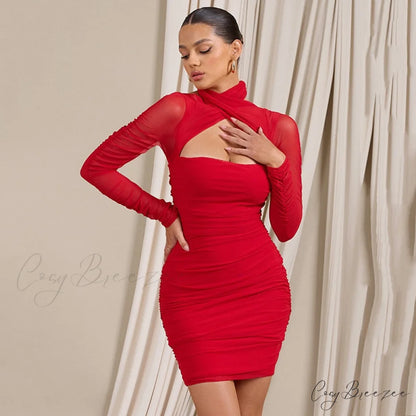 Women Bodycon With Mesh Gown Mini Arm Ruched Sexy Zipper Party Halter Robe Gown Backless Long Autumn Vestidos Red / S