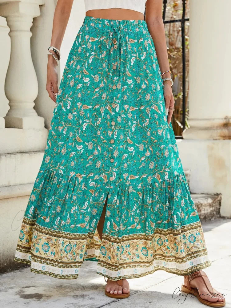 Women Boho Maxi Skirts Button Down Floral A-line Hippie Stylish Lake Blue / S skirt-250126