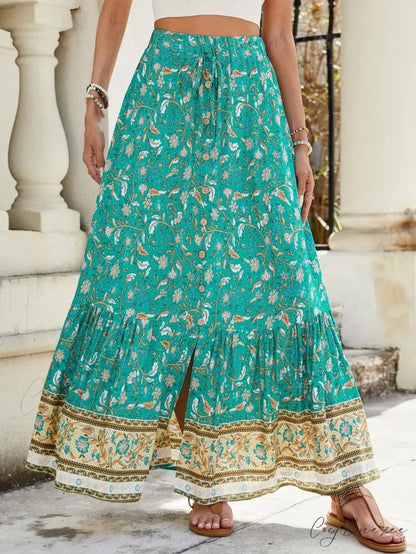 Women Boho Maxi Skirts Button Down Floral A-line Hippie Stylish Lake Blue / S skirt-250126