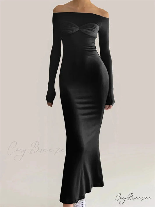 Women Bow Patchwork Sleeve Elegant Solid Slash Neck Off Shoulder Party Beach Club Vestido Streetwear Black / S