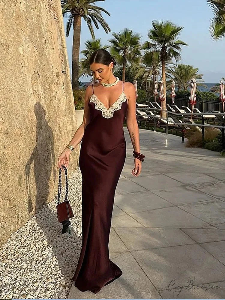 Women Chic Elegant Solid Spliced Lace Midi Sling Backless Christmas Party Dress Coffee / S