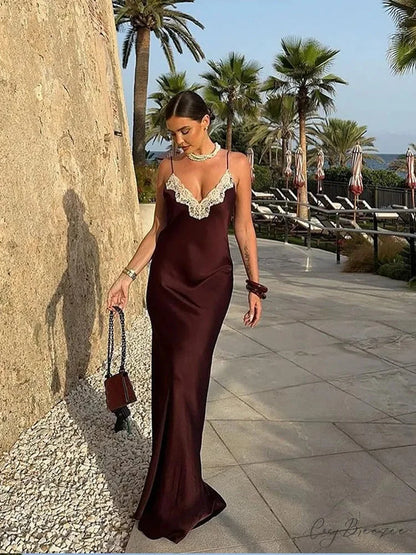 Women Chic Elegant Solid Spliced Lace Midi Sling Backless Christmas Party Dress Coffee / S
