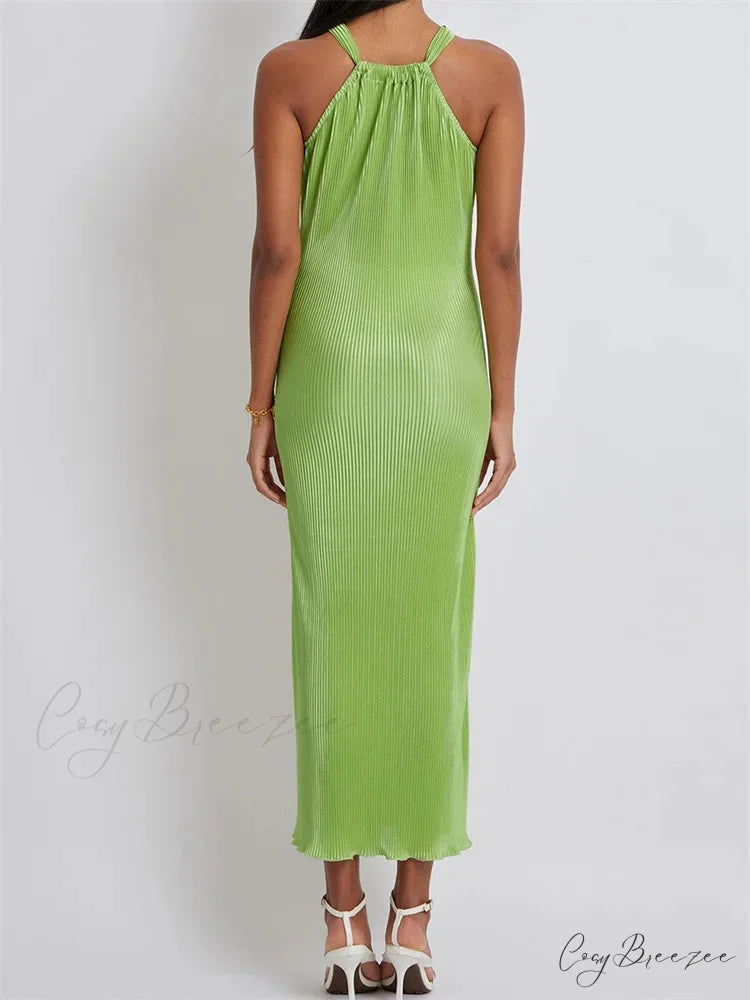Women Cocktail Solid Color Halter Neck Sleeveless Off Shoulder Ruched Summer Evening Party Vestidos