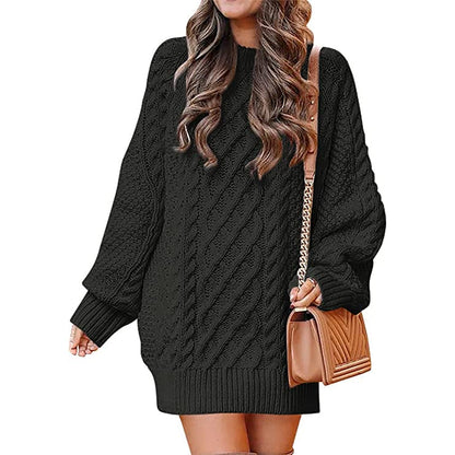 Women's Crewneck Cable Knit Chunky Pullover Sweater Dress