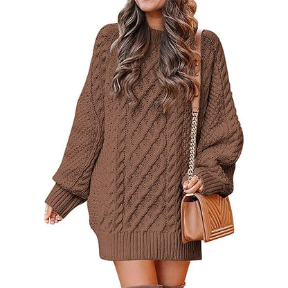 Women's Crewneck Cable Knit Chunky Pullover Sweater Dress