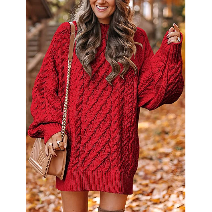 Women's Crewneck Cable Knit Chunky Pullover Sweater Dress