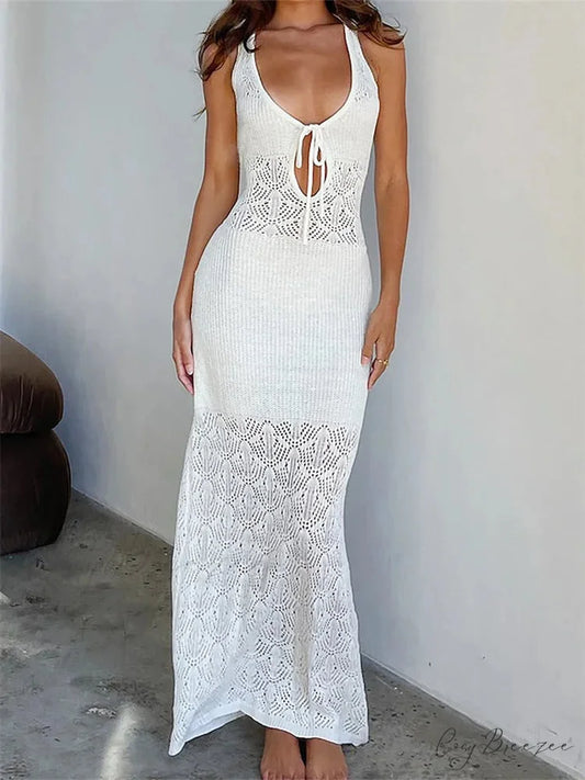 Women Crochet Knitted Hollow Out Backless Spaghetti Strap Halter Lace-up Beachwear Female Vestidos WHITE / XS