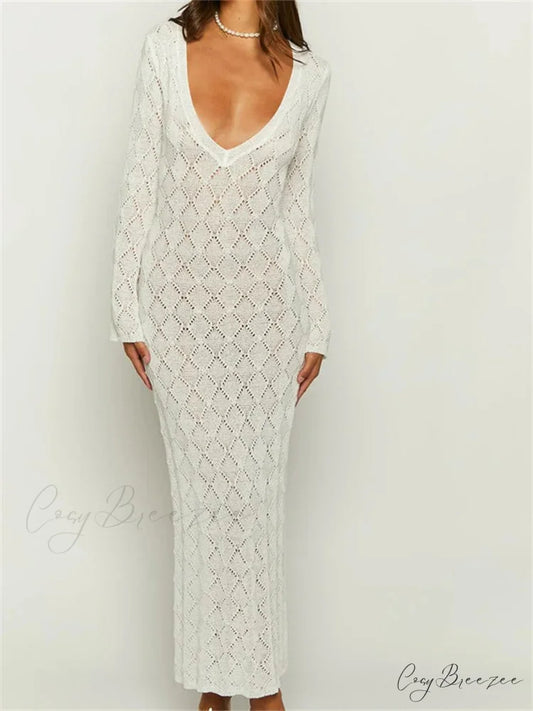 Women Crochet Knitted Sleeve Hollow Out V-neck Backless Lace-up Beach Cover Ups Summer Vestidos WHITE / S