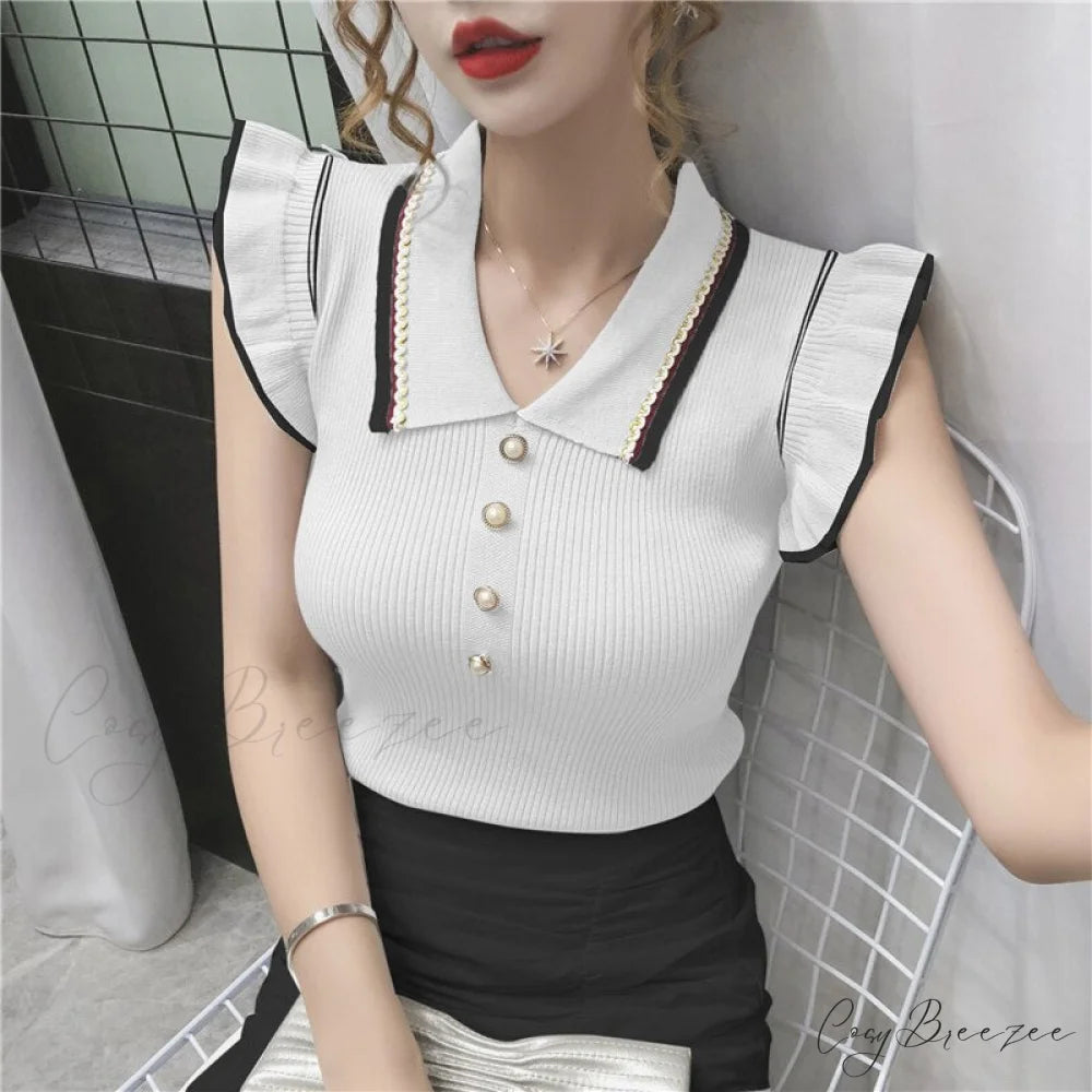 Women Crop T-shirts Tee Ruffles Knitted Korean Slim Tops Sleeveless Turn-down Blouse Neckline Femme