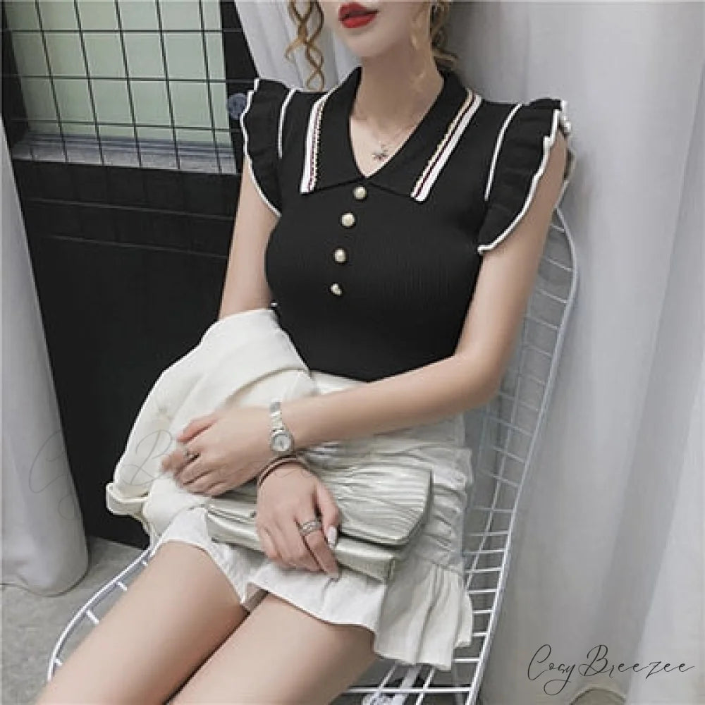 Women Crop T-shirts Tee Ruffles Knitted Korean Slim Tops Sleeveless Turn-down Blouse Neckline Femme black / One Size