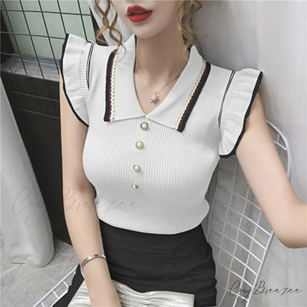 Women Crop T-shirts Tee Ruffles Knitted Korean Slim Tops Sleeveless Turn-down Blouse Neckline Femme white / One Size