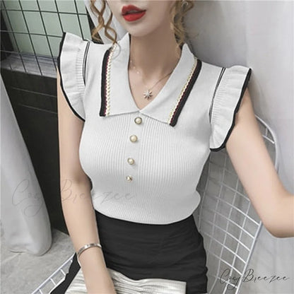 Women Crop T-shirts Tee Ruffles Knitted Korean Slim Tops Sleeveless Turn-down Blouse Neckline Femme white / One Size