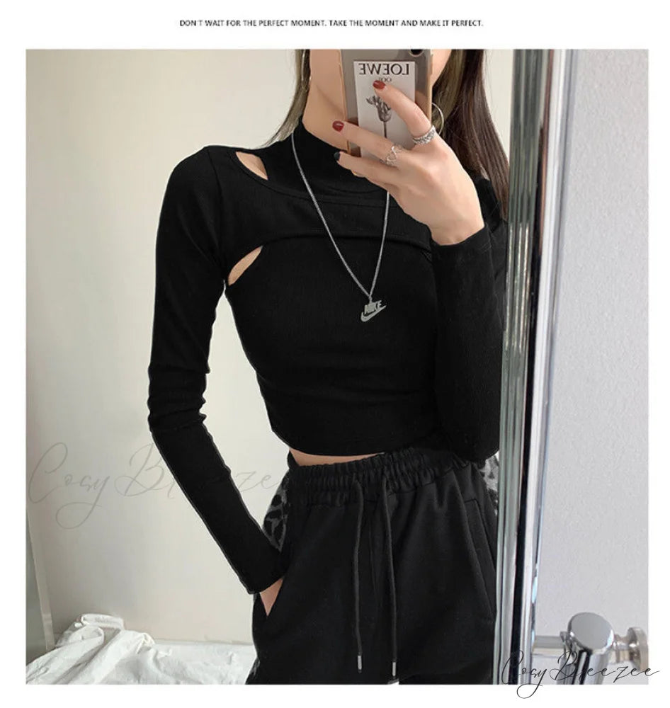 Women Crop Two-piece Knitted White Tops Fitness T-shirt Black Arm Long Tops