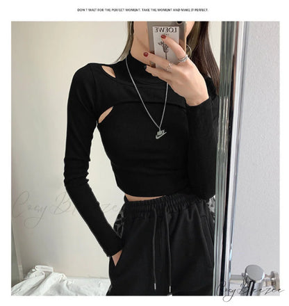 Women Crop Two-piece Knitted White Tops Fitness T-shirt Black Arm Long Tops