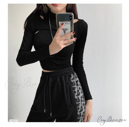 Women Crop Two-piece Knitted White Tops Fitness T-shirt Black Arm Long Tops