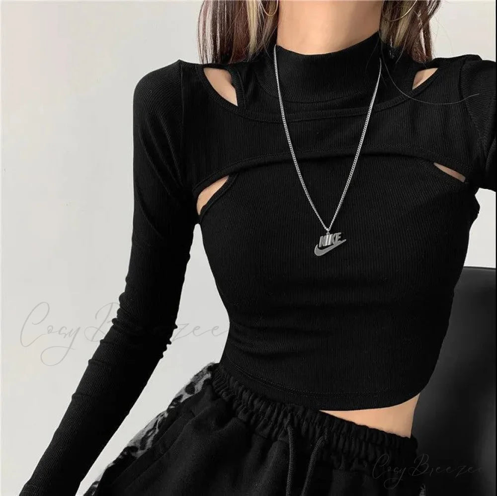 Women Crop Two-piece Knitted White Tops Fitness T-shirt Black Arm Long Tops black / S