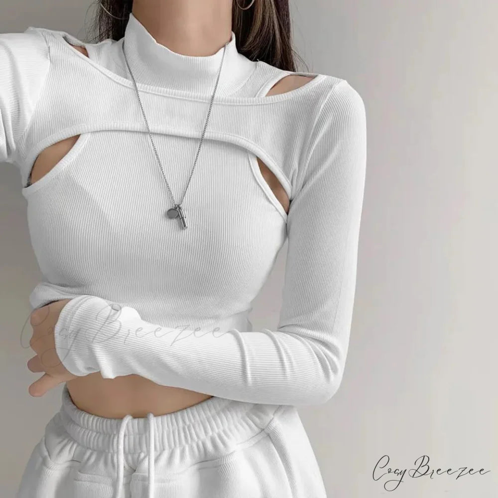 Women Crop Two-piece Knitted White Tops Fitness T-shirt Black Arm Long Tops white / S