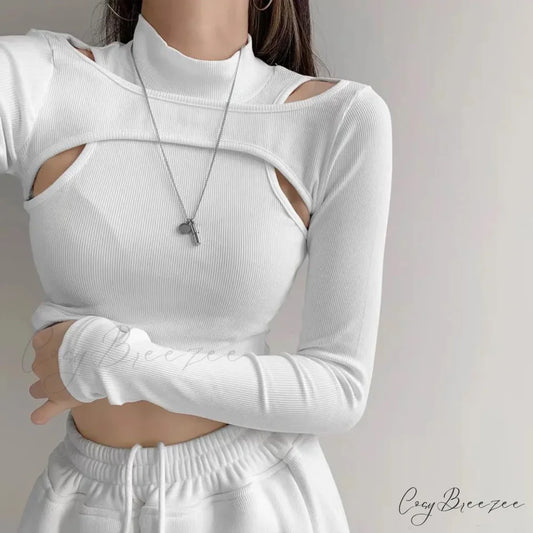 Women Crop Two-piece Knitted White Tops Fitness T-shirt Black Arm Long Tops white / S