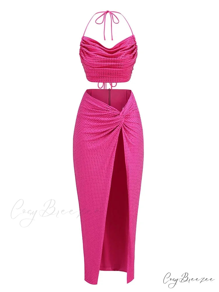 Women Diamonds 2 Piece Set Swinging Collar Crop Tops Long Skirts Christmas Party Dress Rose Red / S