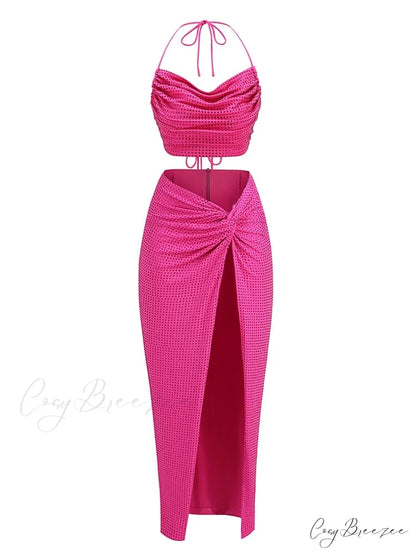 Women Diamonds 2 Piece Set Swinging Collar Crop Tops Long Skirts Christmas Party Dress Rose Red / S