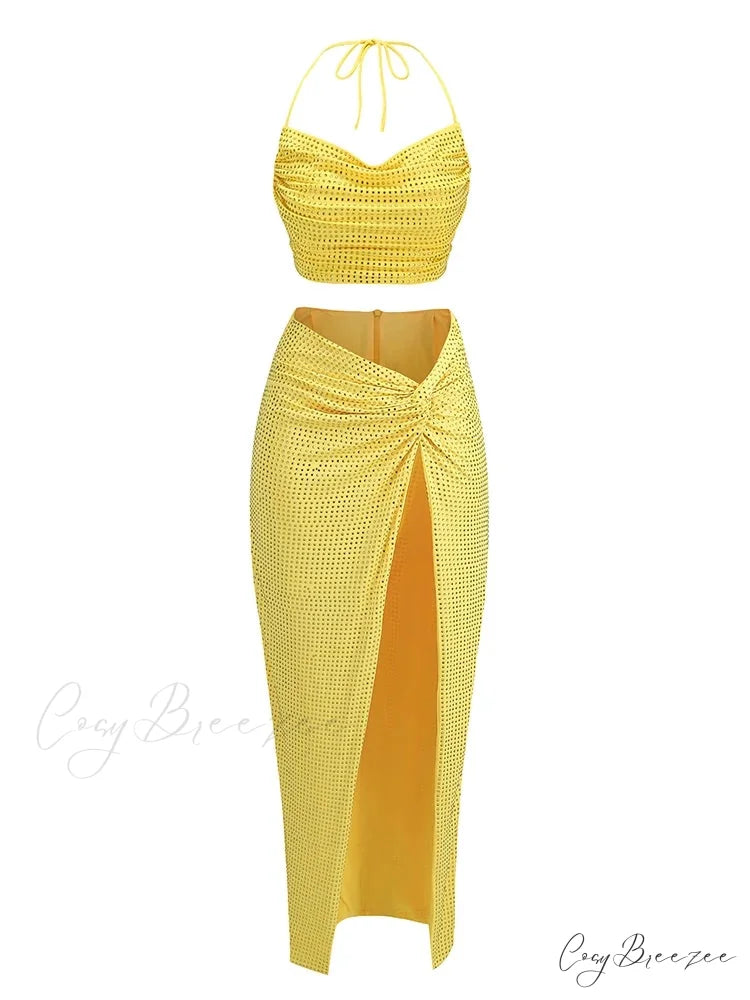 Women Diamonds 2 Piece Set Swinging Collar Crop Tops Long Skirts Christmas Party Dress Yellow / S