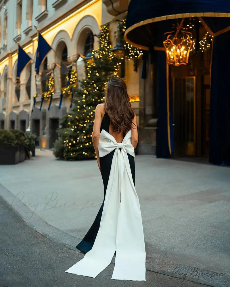 Women Elegant Back Trailing Bow Tie Maxi Dress Christmas Party Dress black white / S