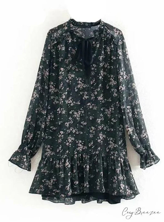 WOMEN FLORAL PRINT DRESS WITH RUFFLE BOW TIE