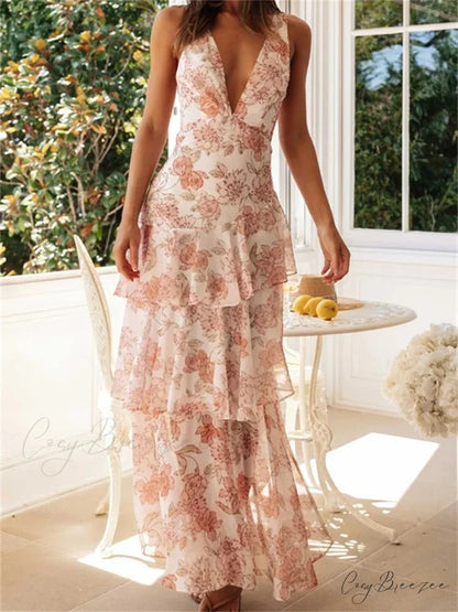 Women Floral Print Sleeveless Deep V Neck Tiered Ruffles Hem Spring Summer Backless Beach Vestidos WHITE / S