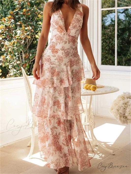 Women Floral Print Sleeveless Deep V Neck Tiered Ruffles Hem Spring Summer Backless Beach Vestidos WHITE / S