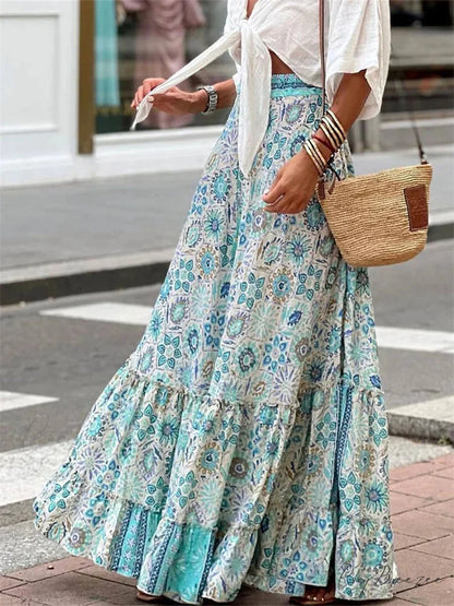 Women Flowy Boho Skirt Printed Ruffled Hem Summer Club Skirt skirt-250126