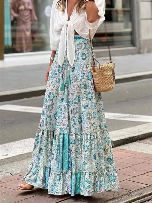 Women Flowy Boho Skirt Printed Ruffled Hem Summer Club Skirt SKY BLUE1 / S skirt-250126