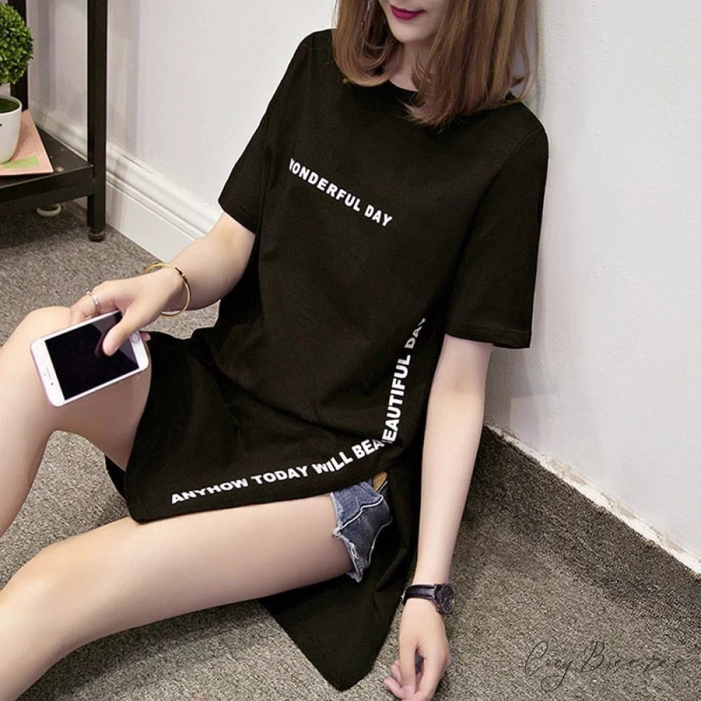 Women for Day Long Size Wonderful Loose T-Shirt Design Femme - Plus Slit Warm-Season Top Black / M