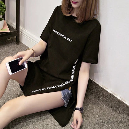Women for Day Long Size Wonderful Loose T-Shirt Design Femme - Plus Slit Warm-Season Top Black / M