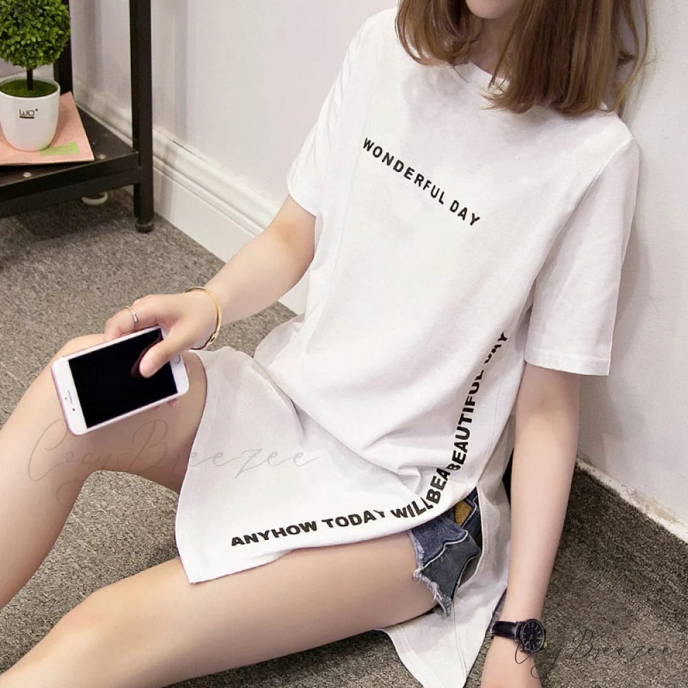 Women for Day Long Size Wonderful Loose T-Shirt Design Femme - Plus Slit Warm-Season Top White / M