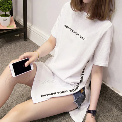 Women for Day Long Size Wonderful Loose T-Shirt Design Femme - Plus Slit Warm-Season Top White / M
