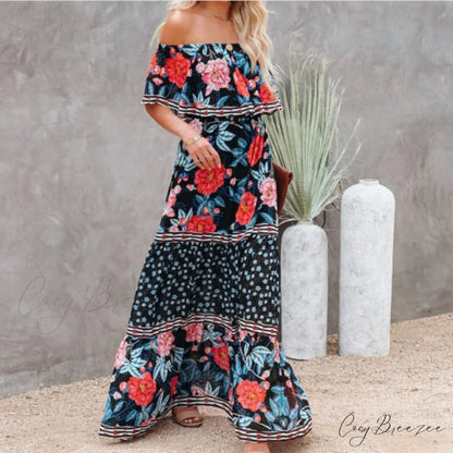 Women Gown Flowered Shoulder Streetwear Warm-Season for Off White - Elegant Casual Party The Long Style Black peony