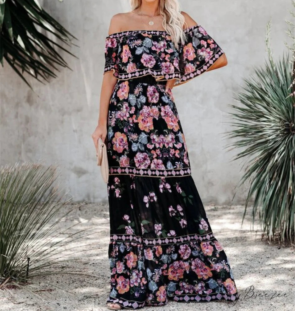 Women Gown Flowered Shoulder Streetwear Warm-Season for Off White - Elegant Casual Party The Long Style Black / XXL