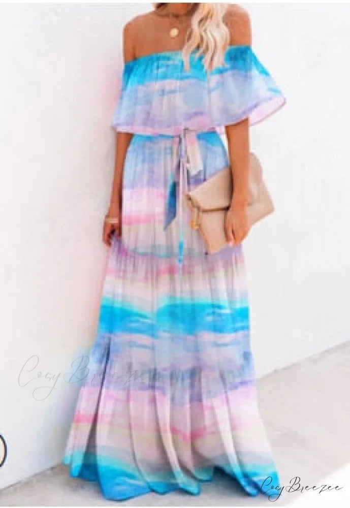 Women Gown Flowered Shoulder Streetwear Warm-Season for Off White - Elegant Casual Party The Long Style Blue