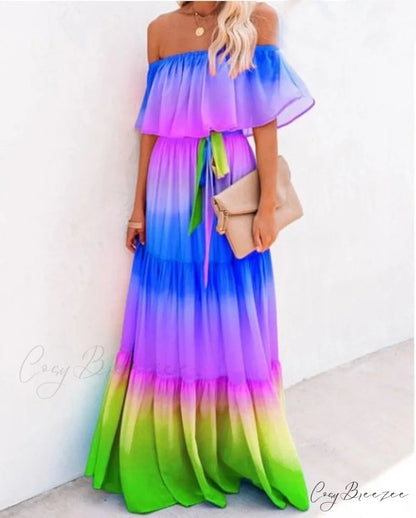 Women Gown Flowered Shoulder Streetwear Warm-Season for Off White - Elegant Casual Party The Long Style Blue / XXL