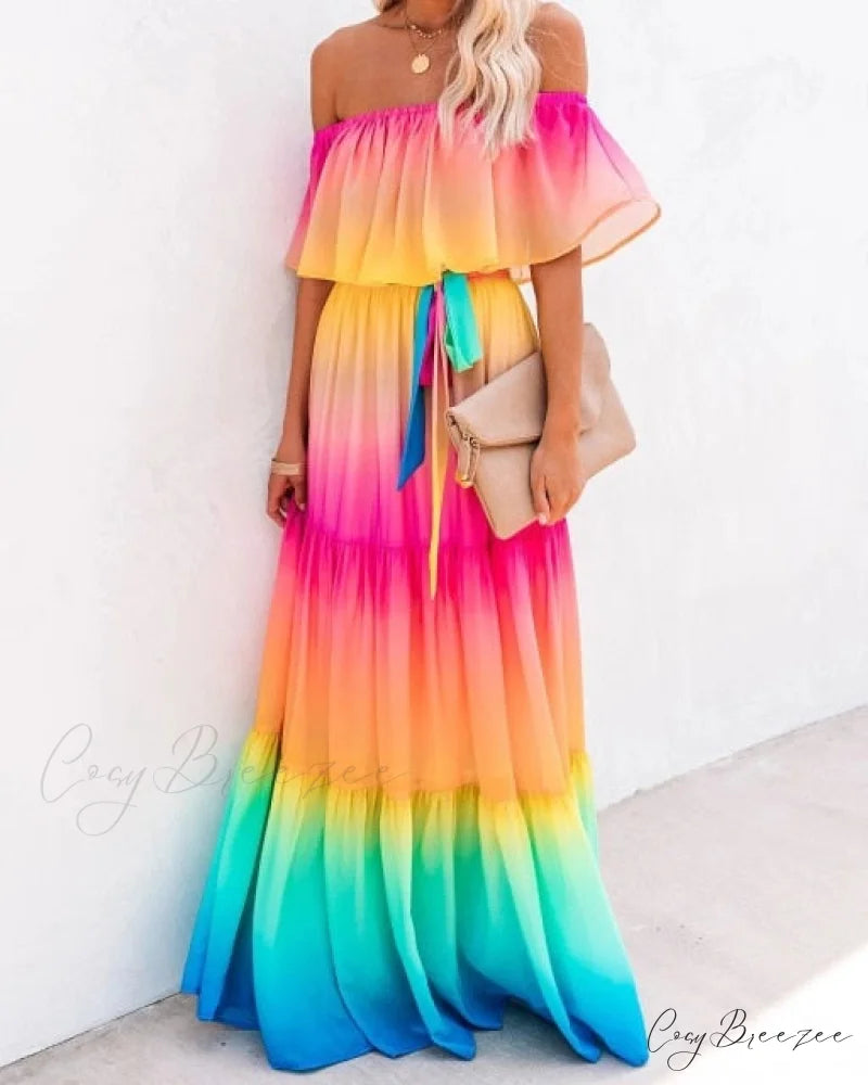 Women Gown Flowered Shoulder Streetwear Warm-Season for Off White - Elegant Casual Party The Long Style Pink / XXL