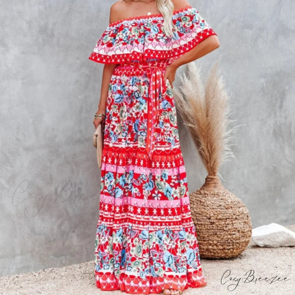Women Gown Flowered Shoulder Streetwear Warm-Season for Off White - Elegant Casual Party The Long Style Red print / XXL