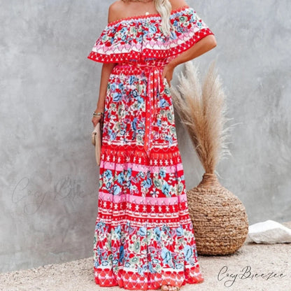 Women Gown Flowered Shoulder Streetwear Warm-Season for Off White - Elegant Casual Party The Long Style Red print / XXL
