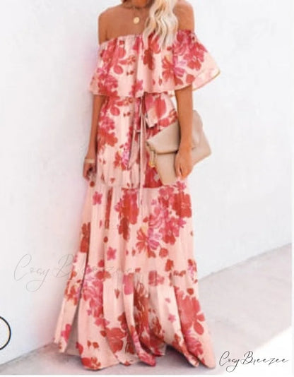 Women Gown Flowered Shoulder Streetwear Warm-Season for Off White - Elegant Casual Party The Long Style Red transparent