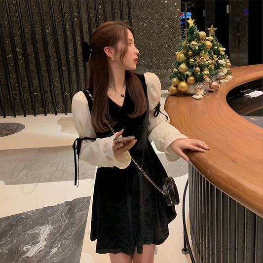Women Gown Gown Vintage Velvet Kawaii Casual Piece Spring Party Lace Mini Gown Evening One Bow Korean BLACK / S