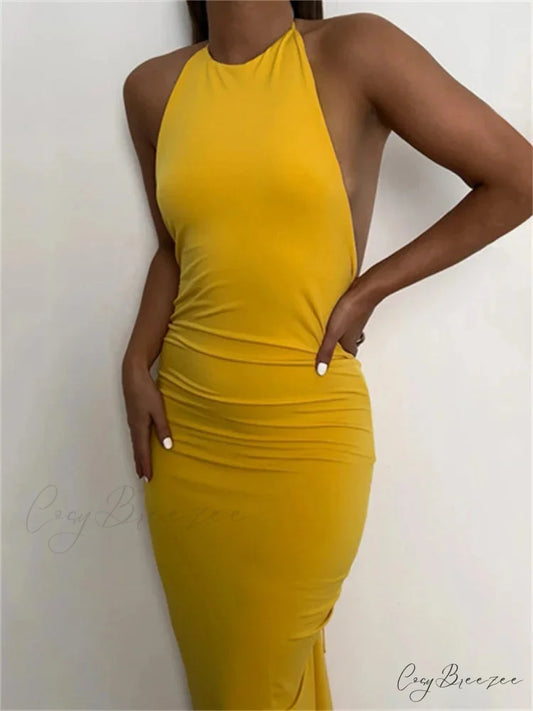 Women Halter Tie-up Backless Slim Fit Solid Ruched Summer Party Sleeveless Off Shoulder Vestido