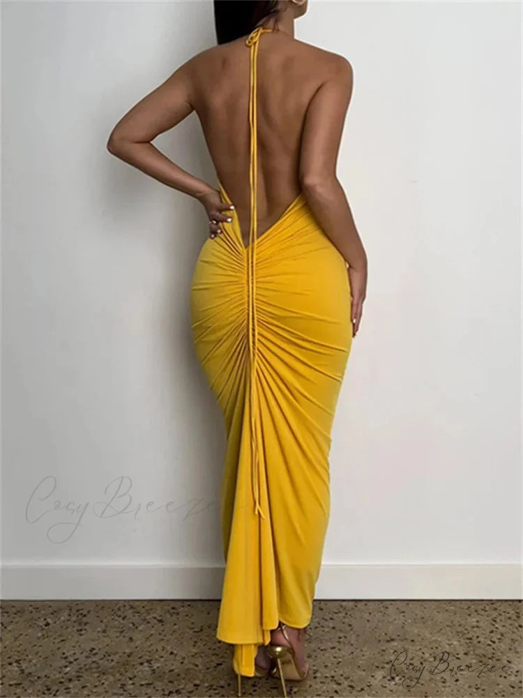 Women Halter Tie-up Backless Slim Fit Solid Ruched Summer Party Sleeveless Off Shoulder Vestido