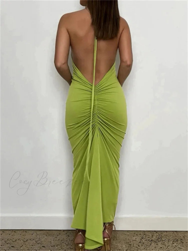 Women Halter Tie-up Backless Slim Fit Solid Ruched Summer Party Sleeveless Off Shoulder Vestido
